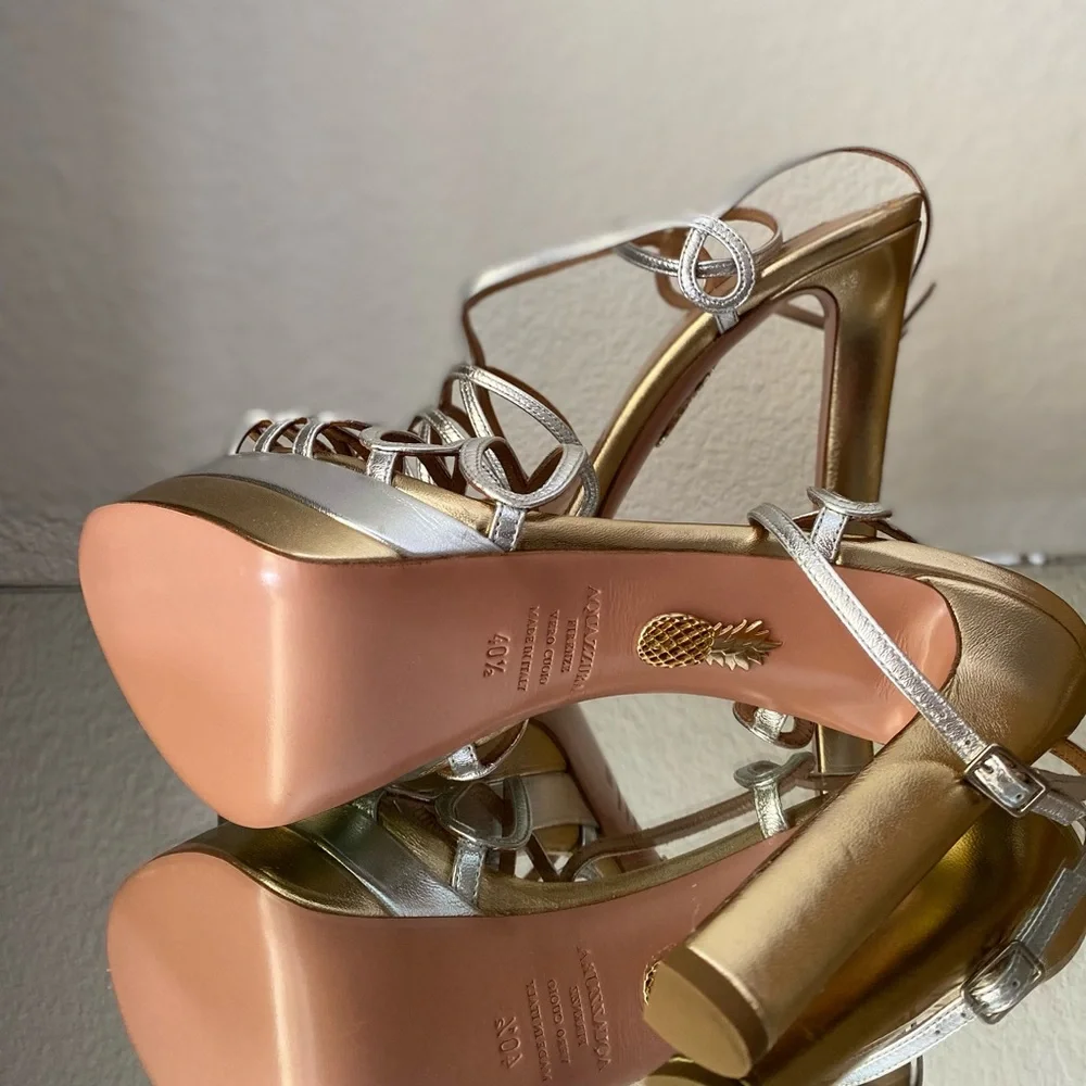 New AQUAZZURA Monroe Plateau 130 Two-Tone Metallic Leather Platform Sandals